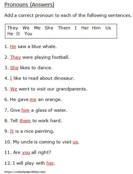 Pronoun Worksheet With Answers For Class 1